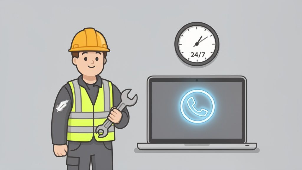 A New Zealand worker in a hard hat and vest holds a wrench, offering 24/7 technical support.