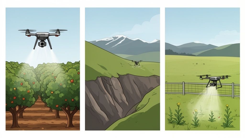 Drones spray an orchard, rugged terrain, and a field, demonstrating diverse agricultural uses.