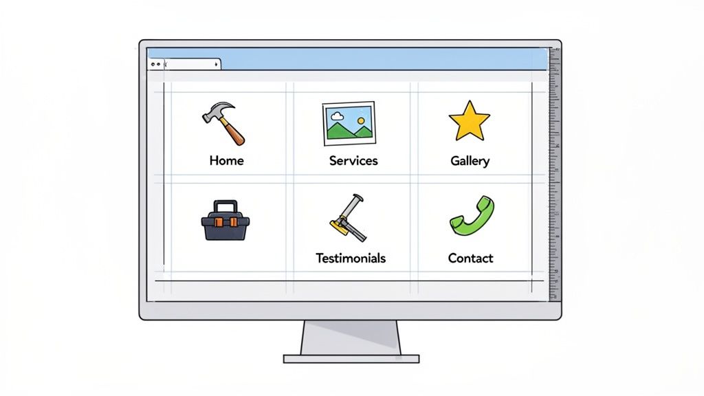 A computer screen showcases a clean website layout with navigation icons and labeled sections like Home, Services, Gallery, Testimonials, and Contact.