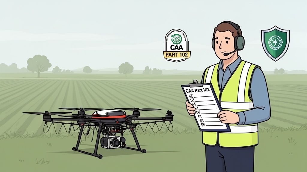 Man in vest with clipboard stands next to a drone in a field, showing CAA Part 102 compliance.