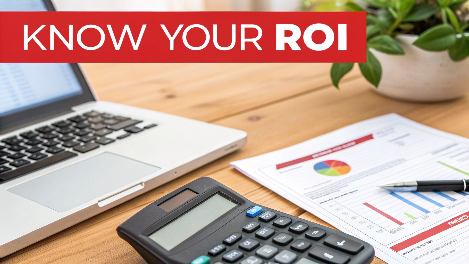 A calculator, laptop, and business charts on a desk with a banner reading 'KNOW YOUR ROI'.