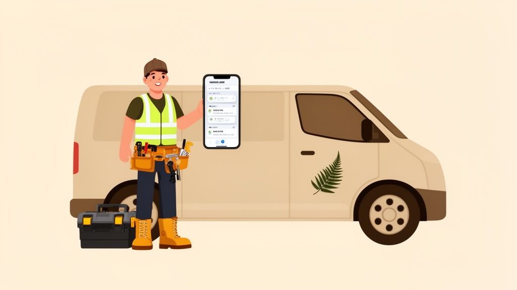 A service worker in a vest and tool belt holds a smartphone with a job app next to a van.