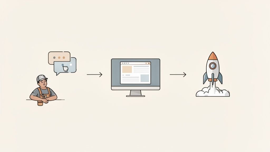 A cartoon man with chat bubbles, a computer showing a website, and a launching rocket depict a web design and launch process.