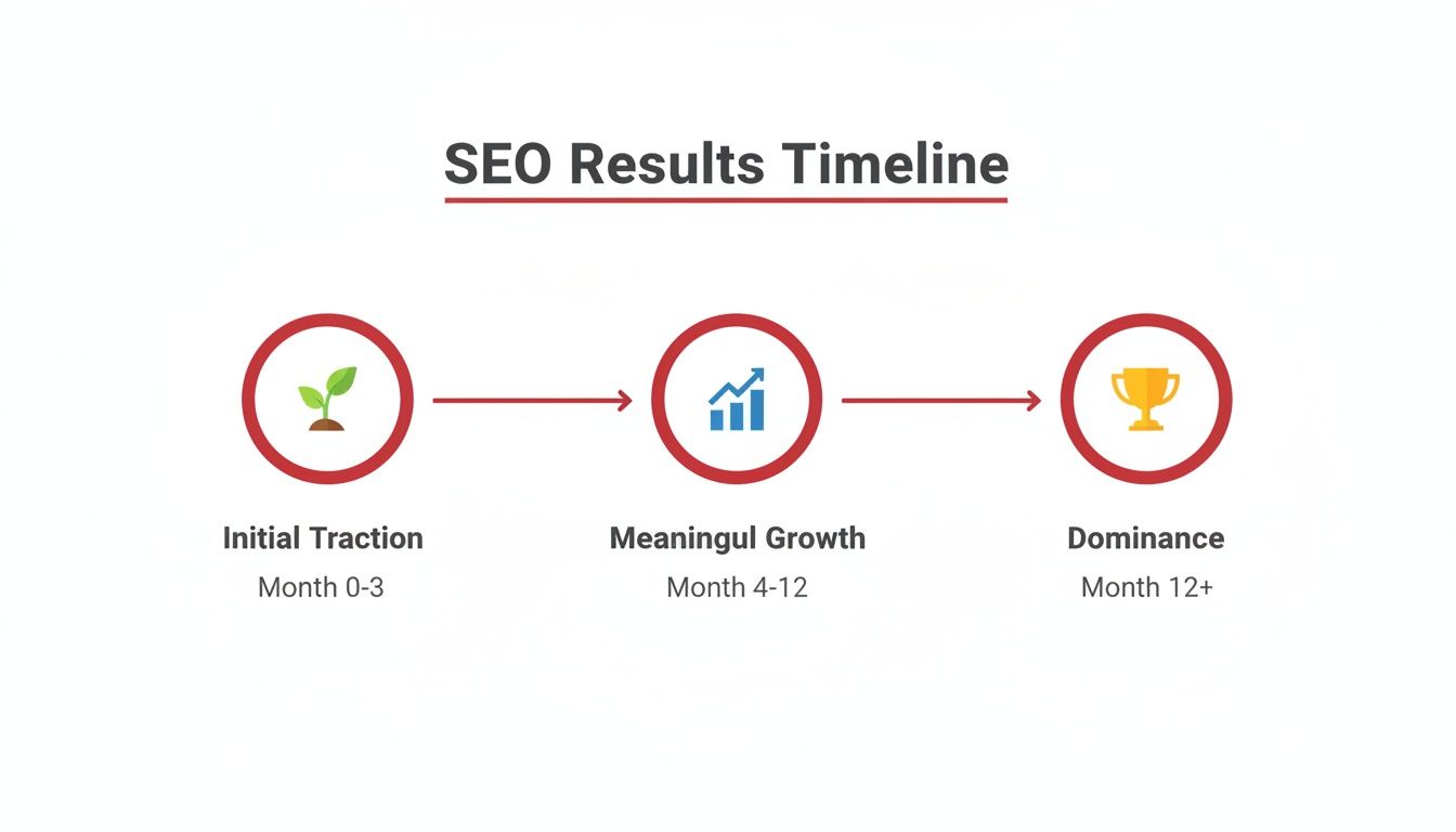An SEO results timeline illustrating three stages: Initial Traction, Meaningful Growth, and Dominance.