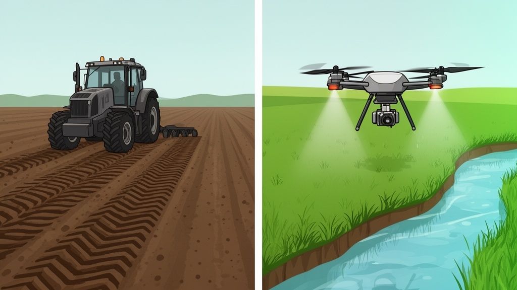 A tractor plowing a field next to a drone spraying crops over a green landscape with a river.