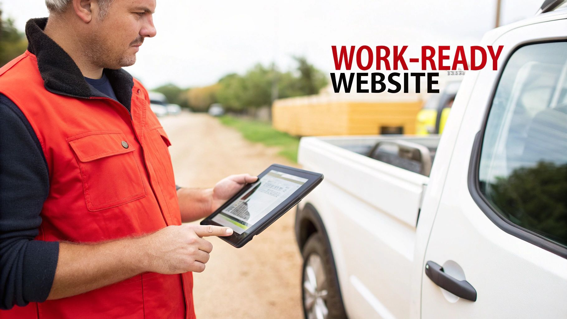 A man in a red vest uses a tablet next to a white pickup truck, promoting a work-ready website.