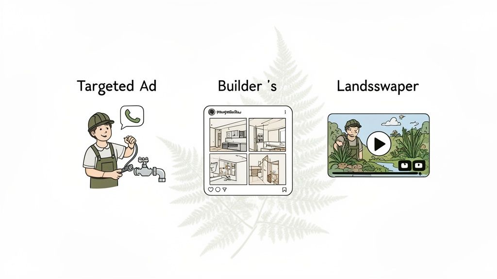 Three illustrations show different digital marketing strategies: a targeted ad for a plumber, a builder's social media post, and a landscaper's video.