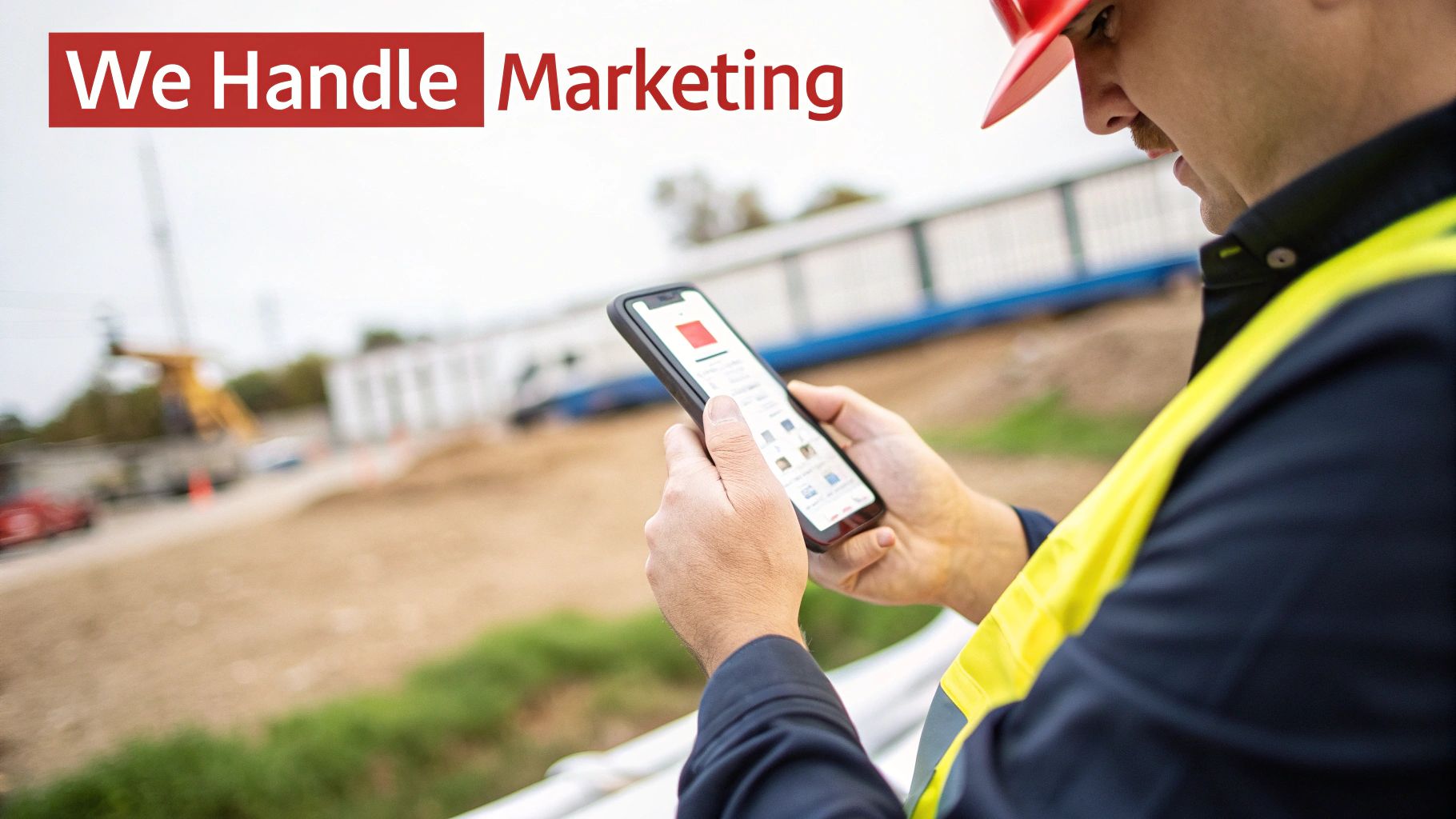 A construction worker in a hard hat and vest uses a smartphone, with 'We Handle Marketing' overlay.
