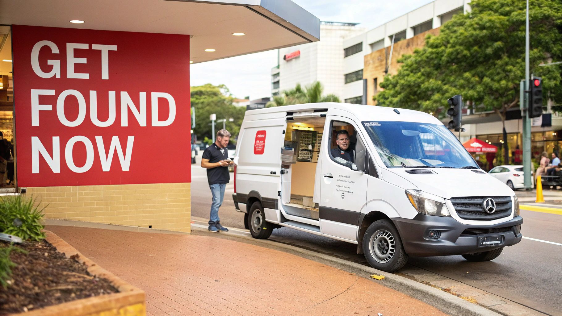 A white service van parked on a city street next to a red 'GET FOUND NOW' sign, with two men.