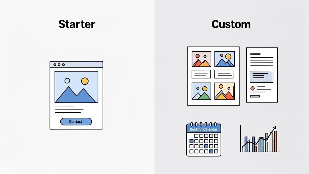 An illustration comparing a basic starter web design layout to a custom web design with advanced features like calendars and graphs.