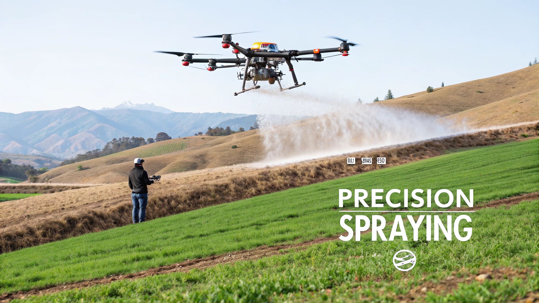 A large drone spraying liquid over a green field, operated by a person, with hills in the background.