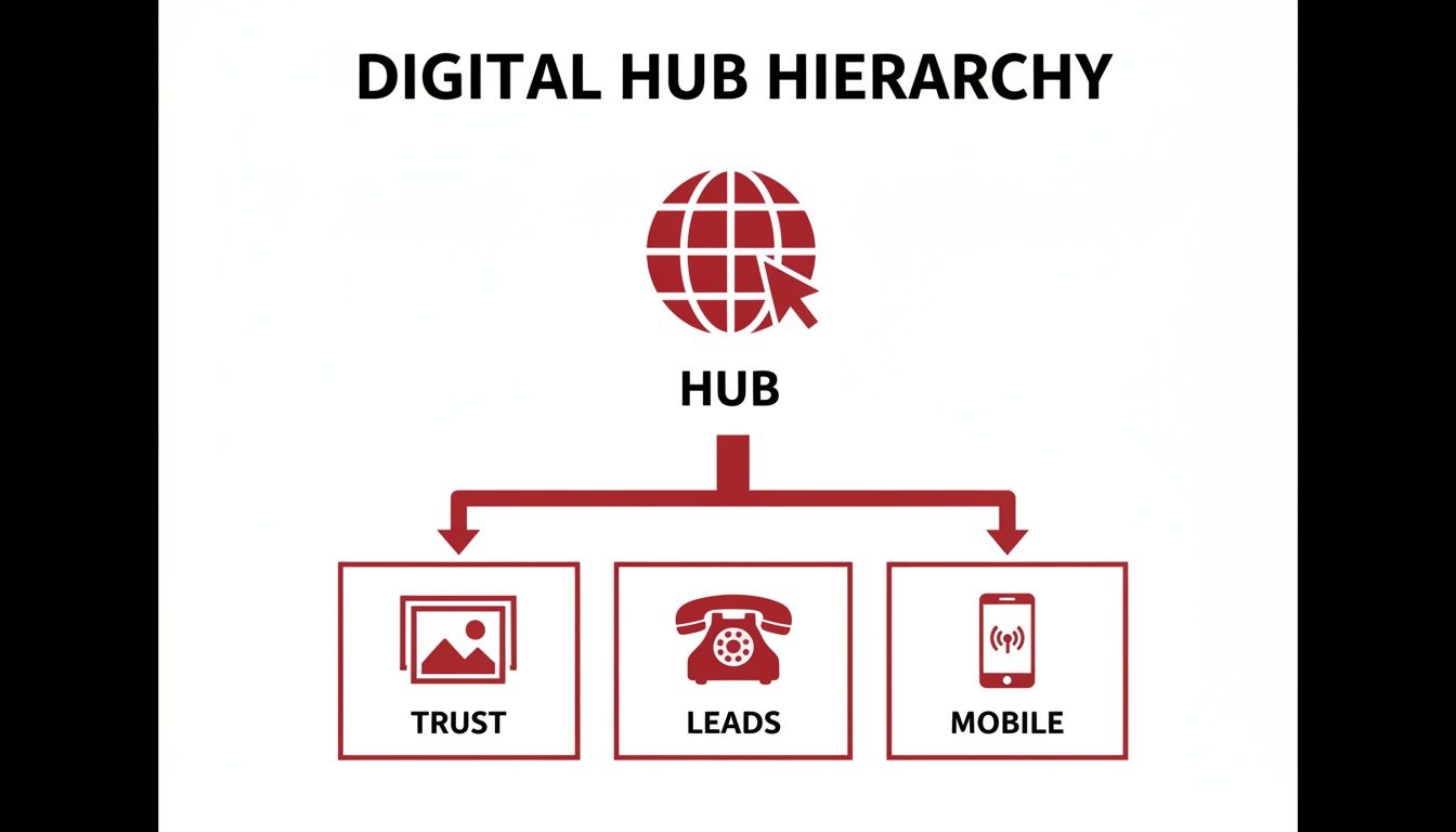Diagram illustrating a digital hub hierarchy, showing trust, leads, and mobile as its three core components.