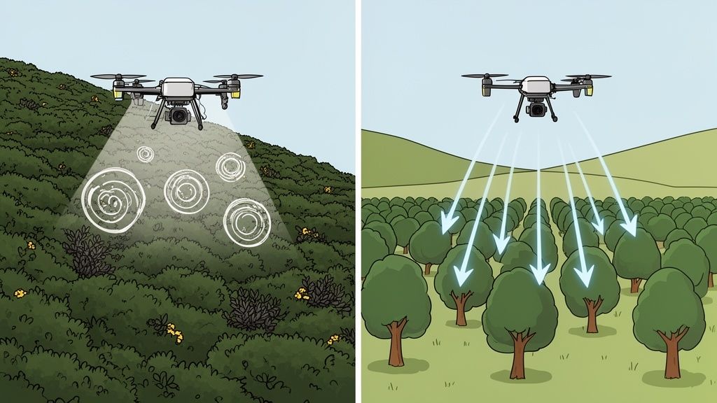 Agricultural drones demonstrating two uses: sensing crops on a hillside and precision spraying trees in a field.
