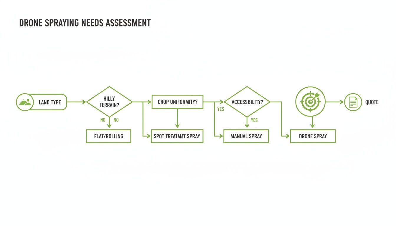 A flowchart illustrating the drone spraying needs assessment process based on land type, terrain, crop uniformity, and accessibility.