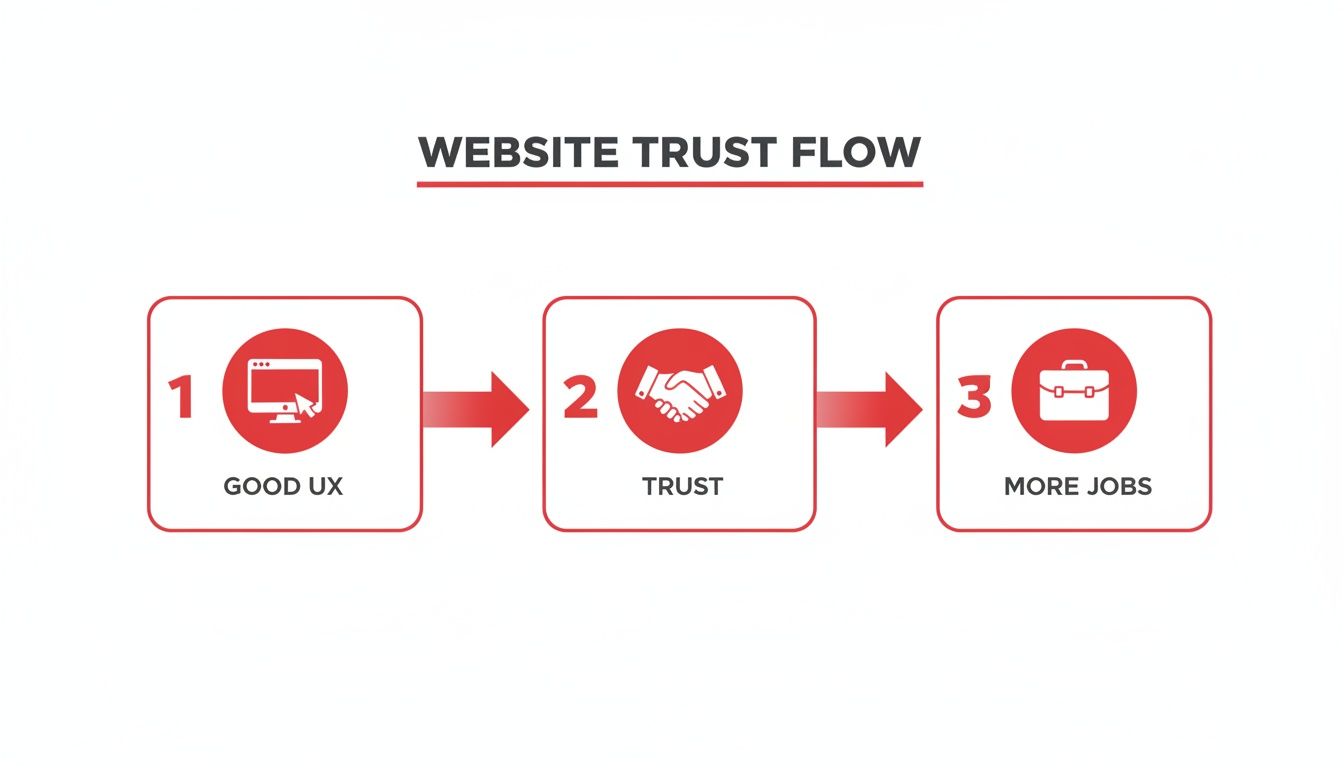 A flowchart titled 'Website Trust Flow' showing Good UX leading to Trust, which then leads to More Jobs.