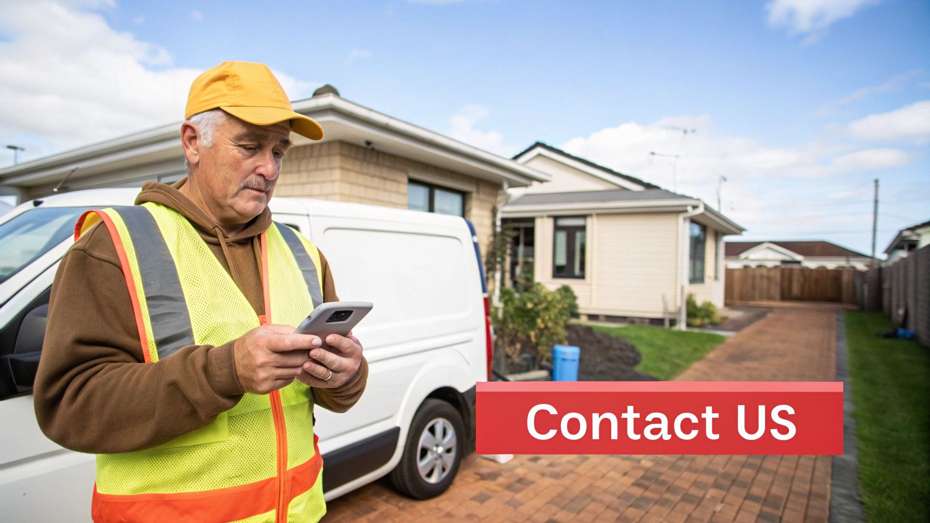 A delivery driver in a safety vest and cap uses his smartphone next to a white van, with a 'Contact US' banner.