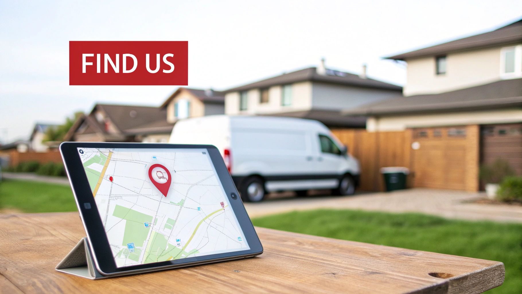 A tablet showing a delivery map with a red pin on a wooden table, in front of a delivery van and houses.