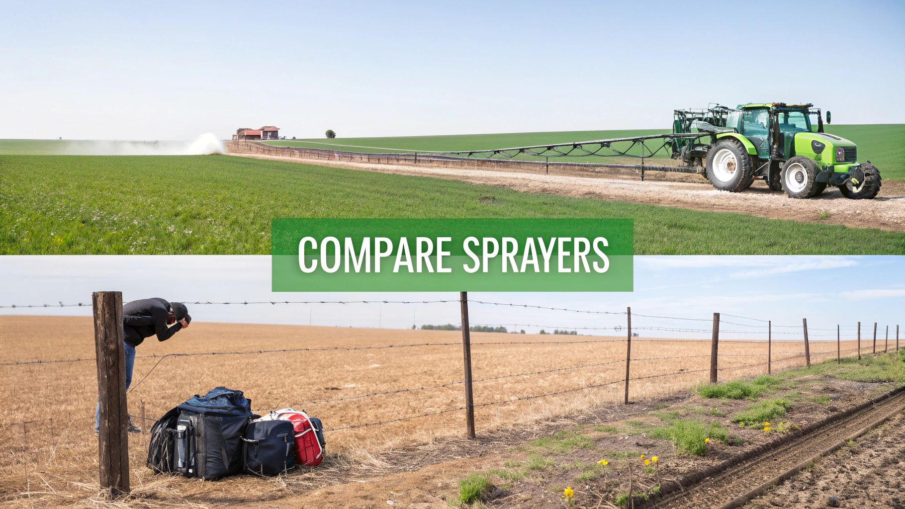 A green tractor spraying a vibrant field, and a person with luggage by a fence in a dry field, with 'COMPARE SPRAYERS' text.