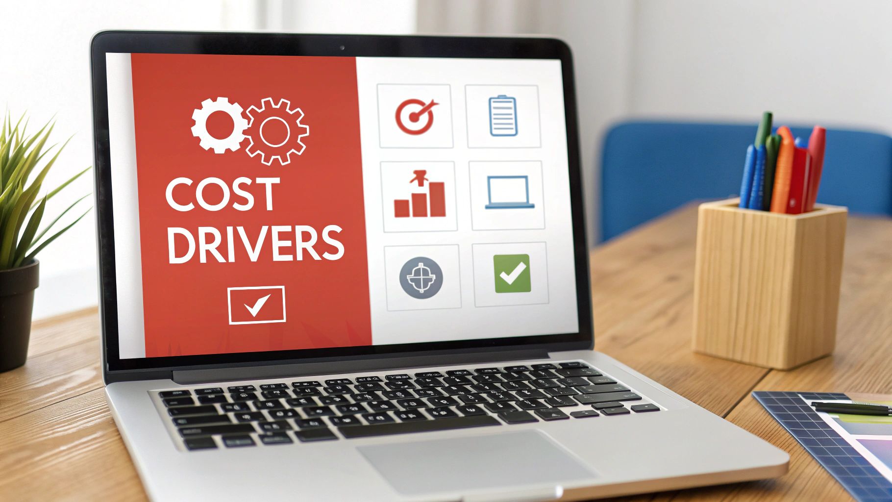 A laptop displaying 'COST DRIVERS' with gears and various business icons on a wooden desk.