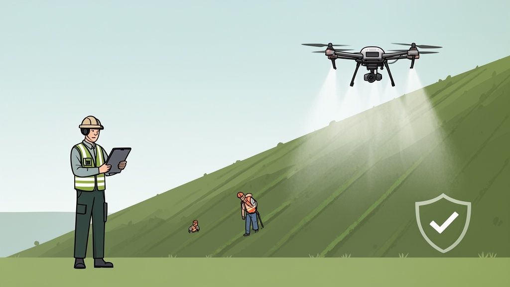 A drone sprays over a green hillside while a worker monitors it with a tablet.