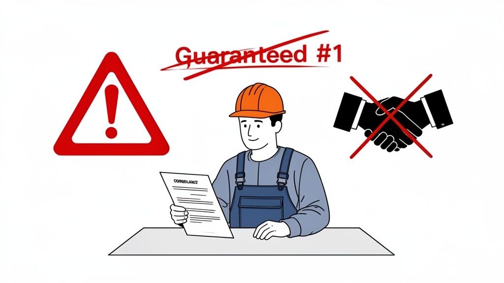 A worker in a hard hat reads a compliance document, with warning signs and rejected guarantees.