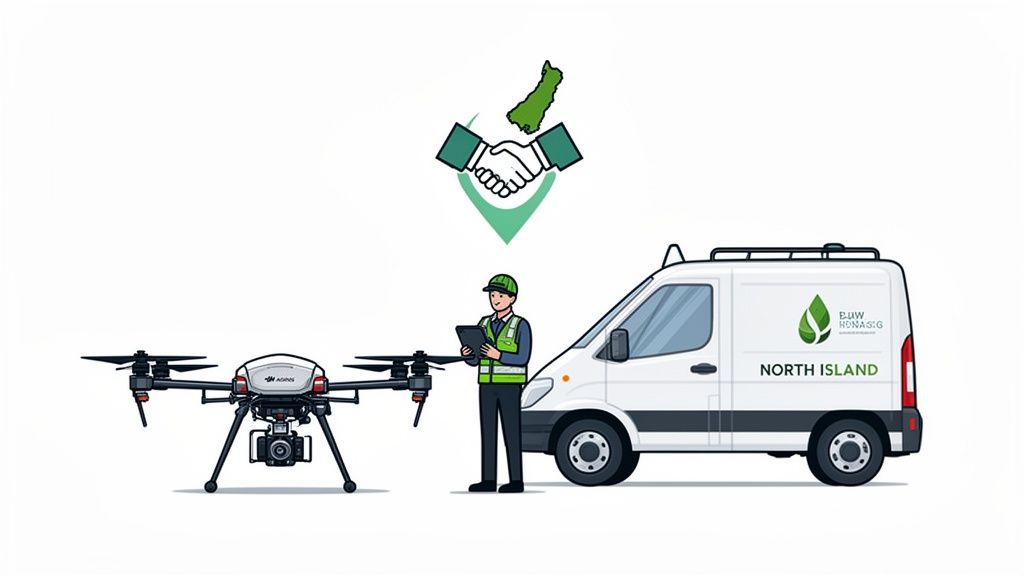 Drone, operator, and service van with North Island map and handshake icon for drone spraying NZ.