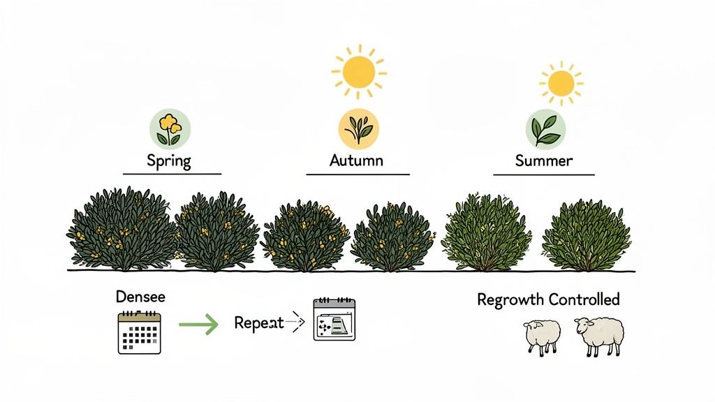 Seasonal diagram showing dense bush growth in Spring/Autumn and controlled regrowth in Summer, potentially by sheep.