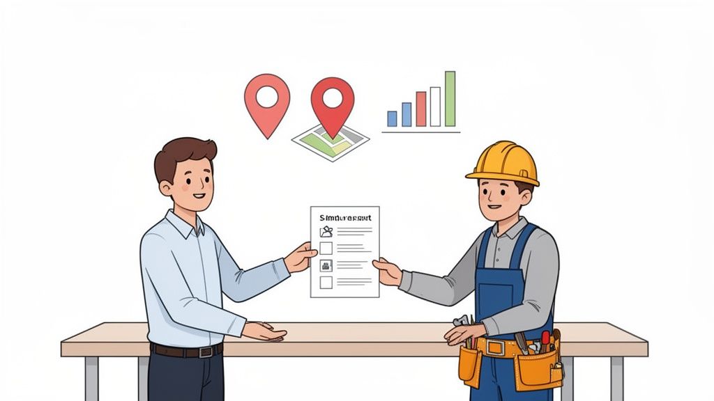 Businessman and worker with hard hat exchange document, with map and bar chart icons.