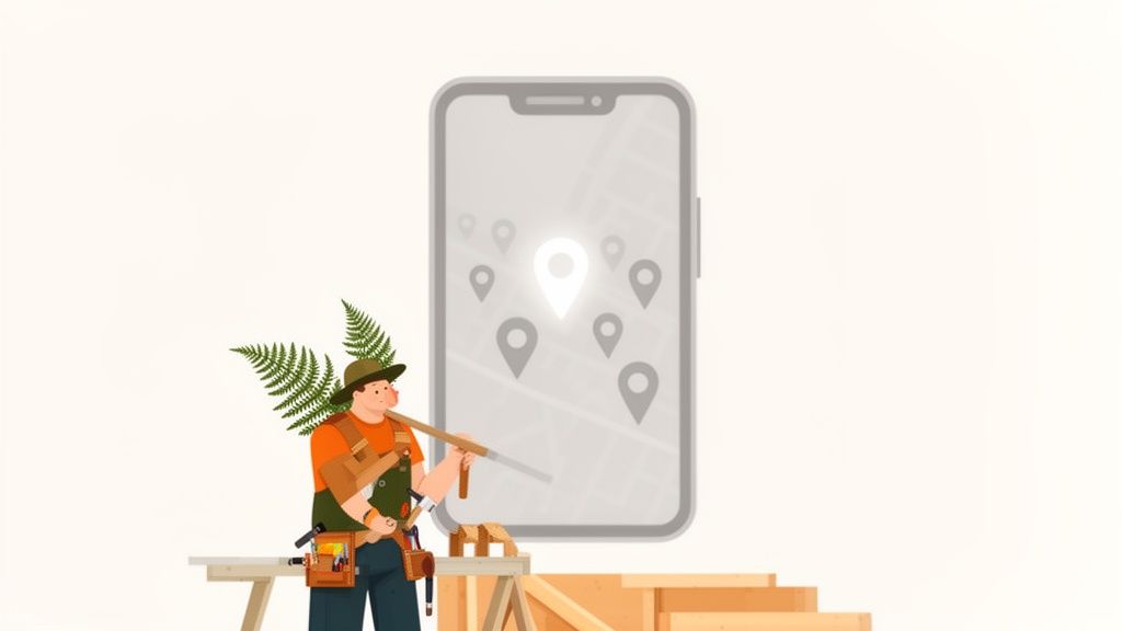 A carpenter carrying wood and ferns looks at a smartphone map with glowing location pins.