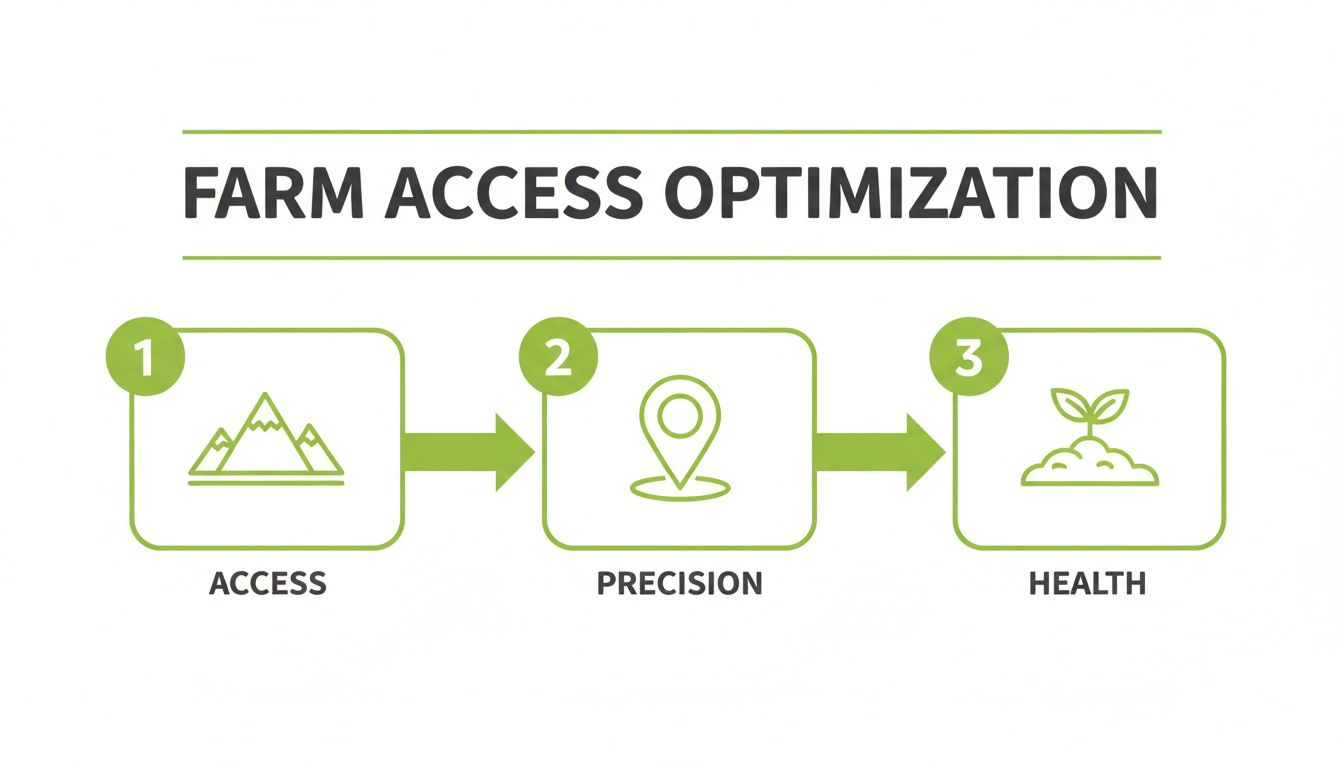 Diagram illustrating farm access optimization with three steps: Access (mountains), Precision (location pin), and Health (seedling).