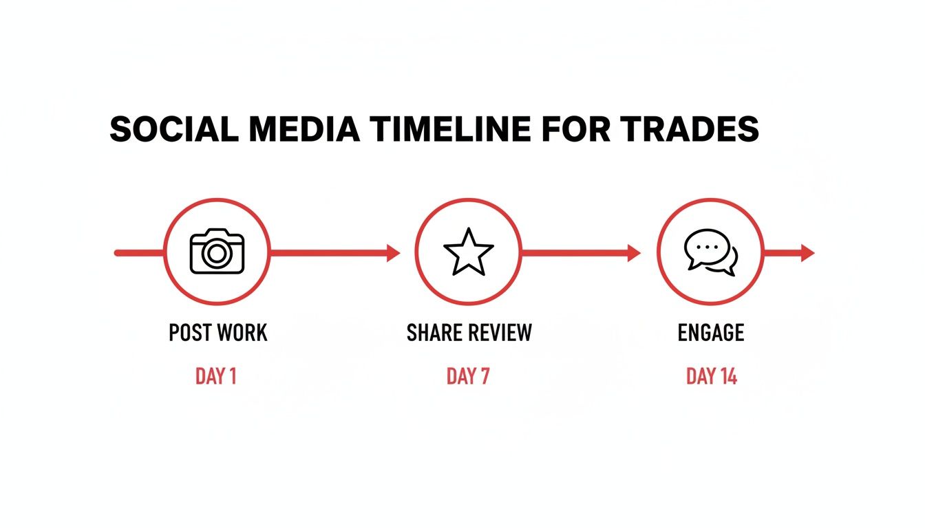 Social media timeline for trades showing steps: post work, share review, and engage with days.