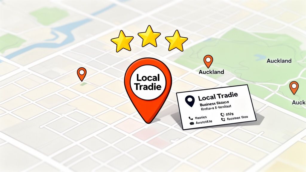 A map showing a 'Local Tradie' business with a 3-star rating and contact details.