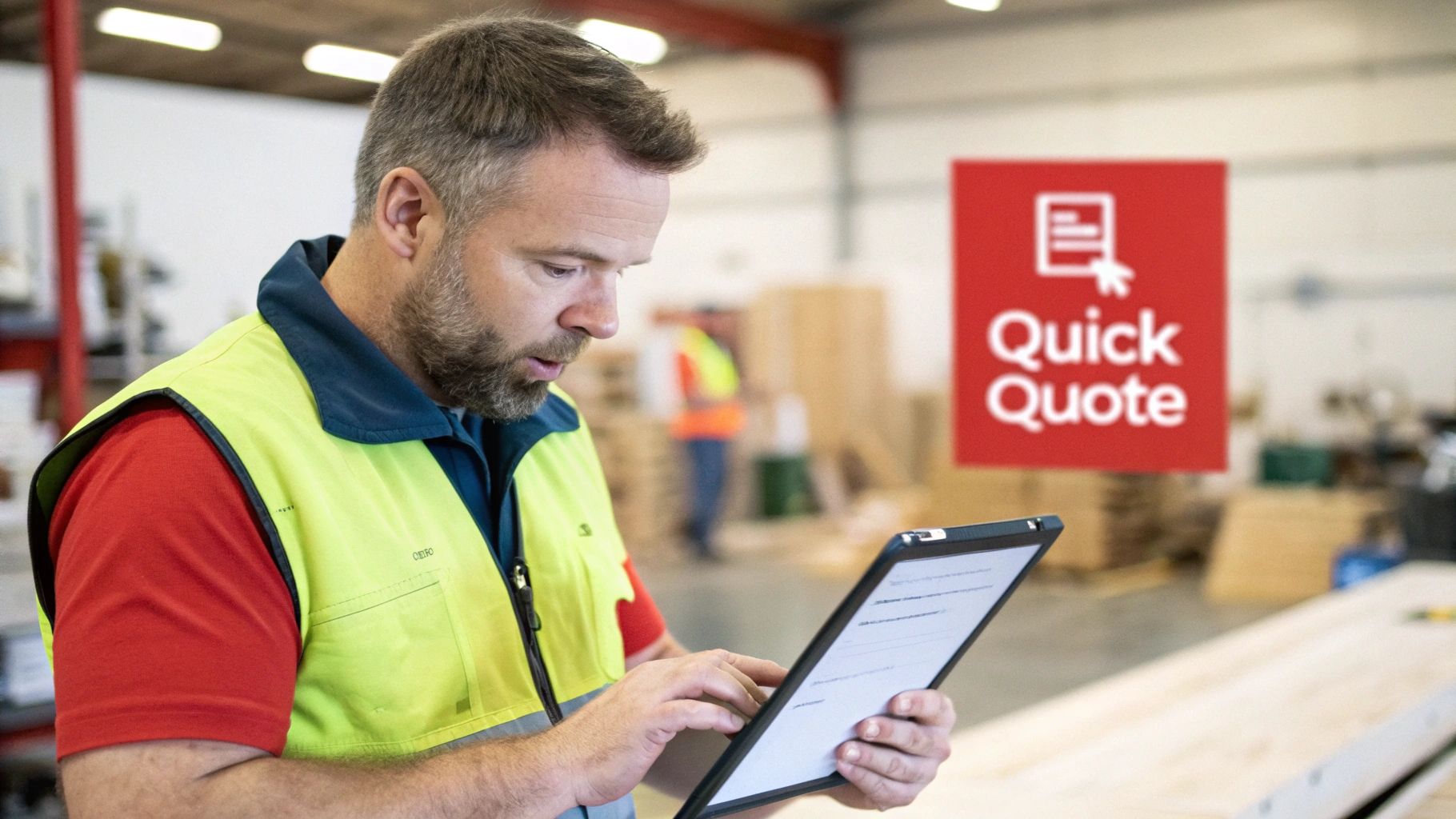A man in a high-visibility vest uses a tablet in a warehouse setting with a 'Quick Quote' sign.