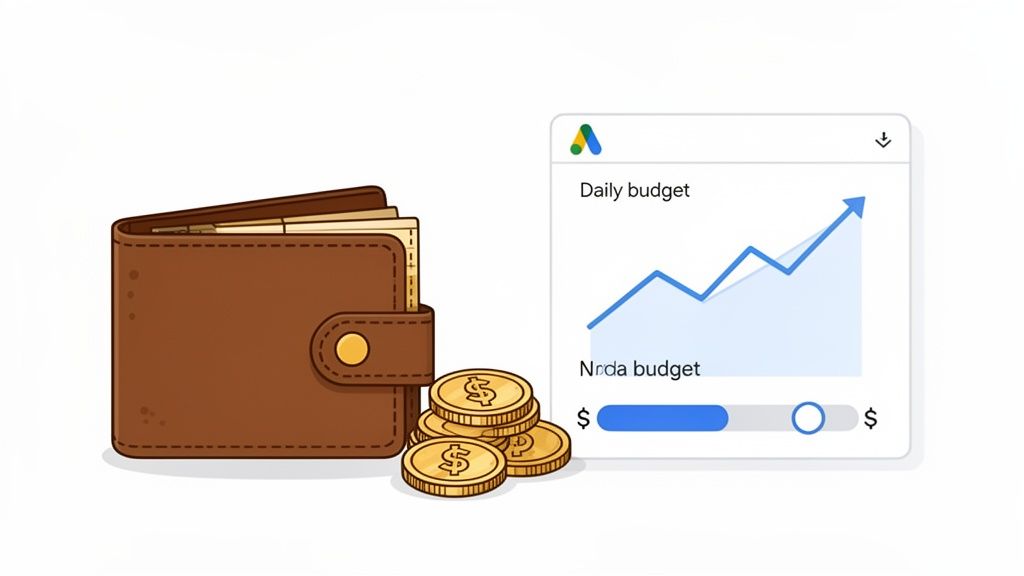 A brown wallet with gold coins and a Google Ads daily budget chart showing an upward trend.