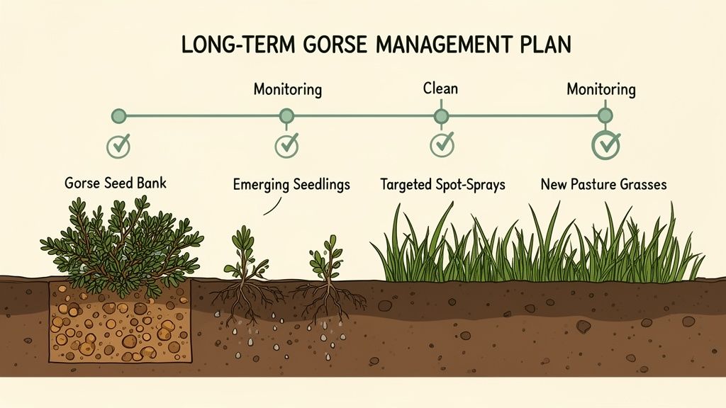A long-term gorse management plan illustrating stages from gorse seed bank to new pasture grasses.