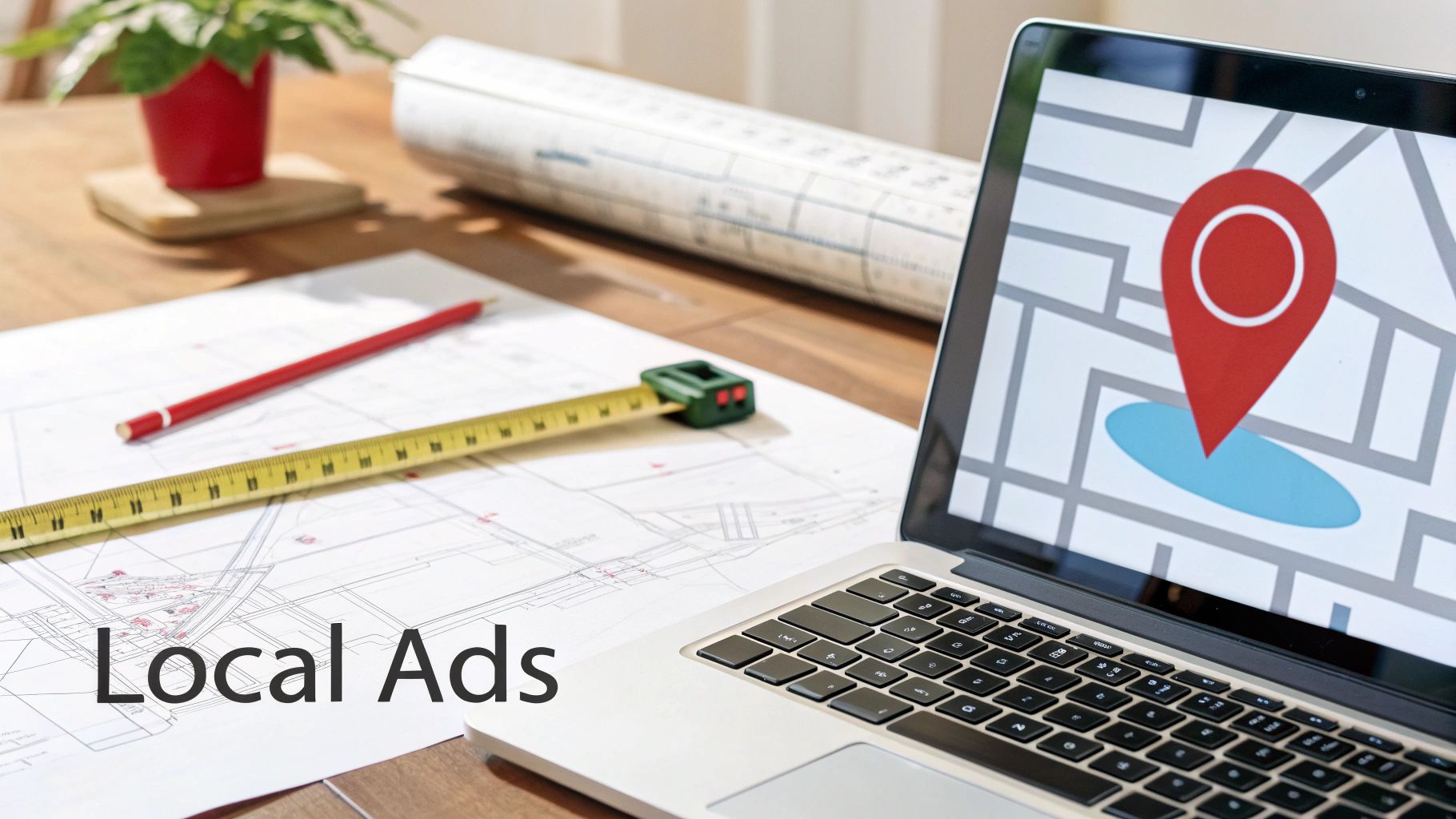 A laptop displaying local map ads on a desk with architectural plans, a pencil, and measuring tape.