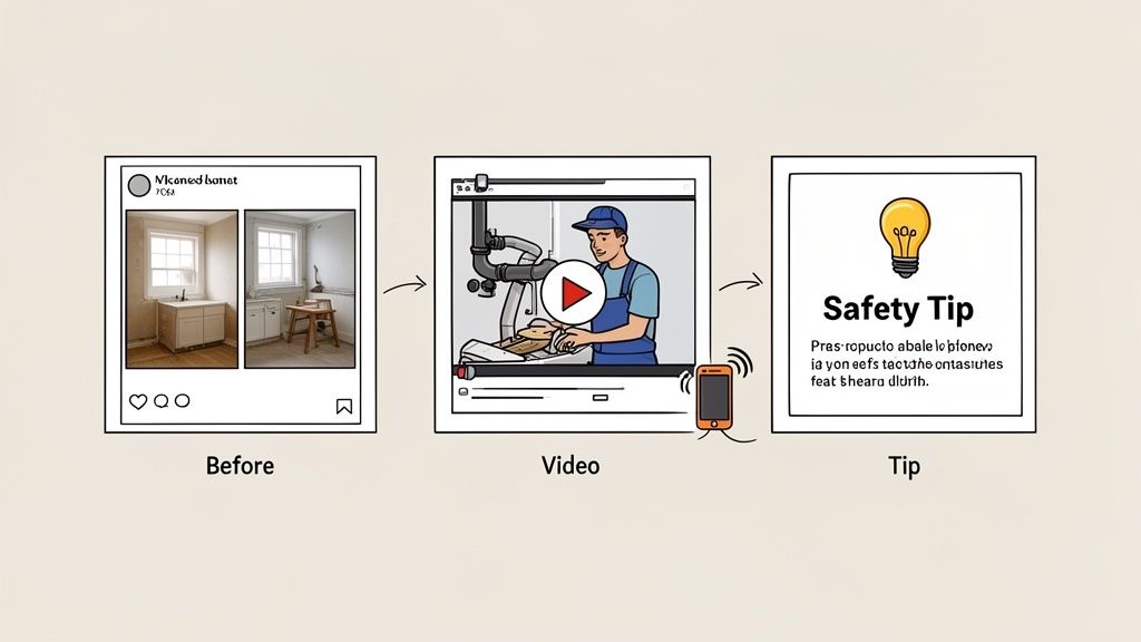 A visual flow: social media before-and-after photos, a DIY video, and a safety tip card.