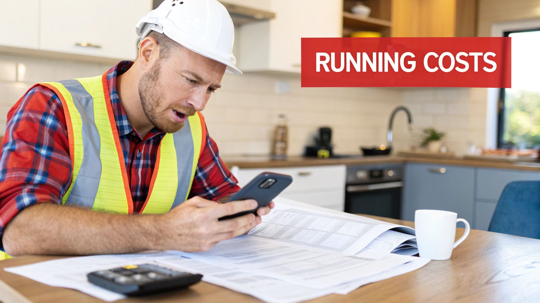 Man in hard hat and safety vest analyzing financial documents and phone, with 'Running Costs' text overlay.