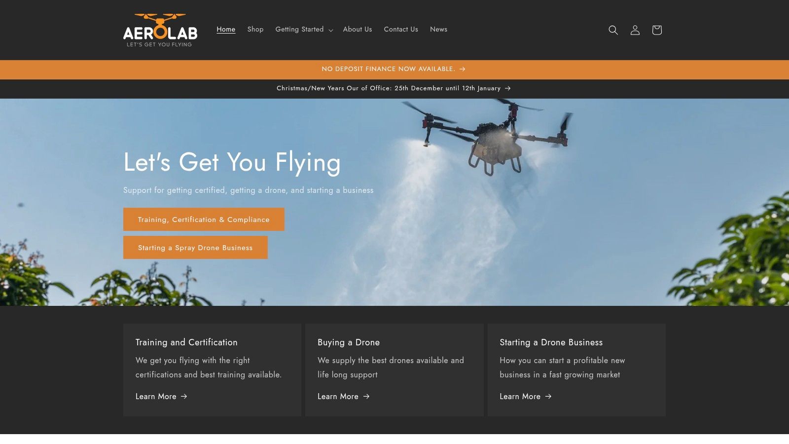 Aerolab NZ website showing a DJI Agras T50 drone kit