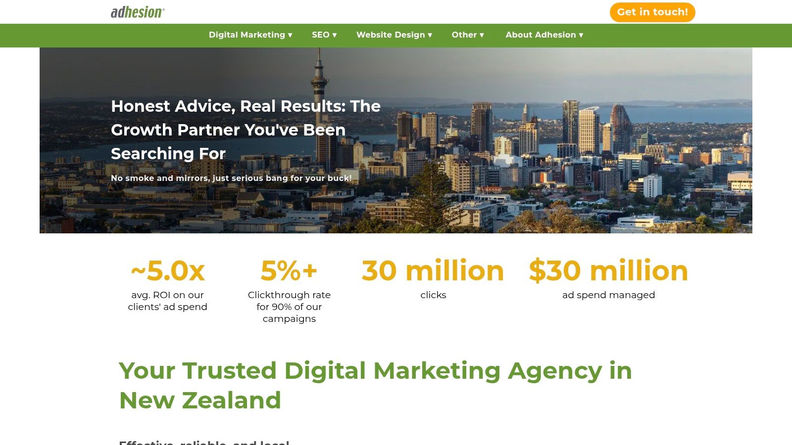 Adhesion's website highlights their transparent Google Ads management pricing and full-service digital marketing capabilities.