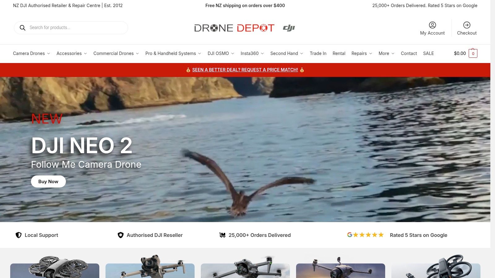 Drone Depot website showing various DJI drones for sale