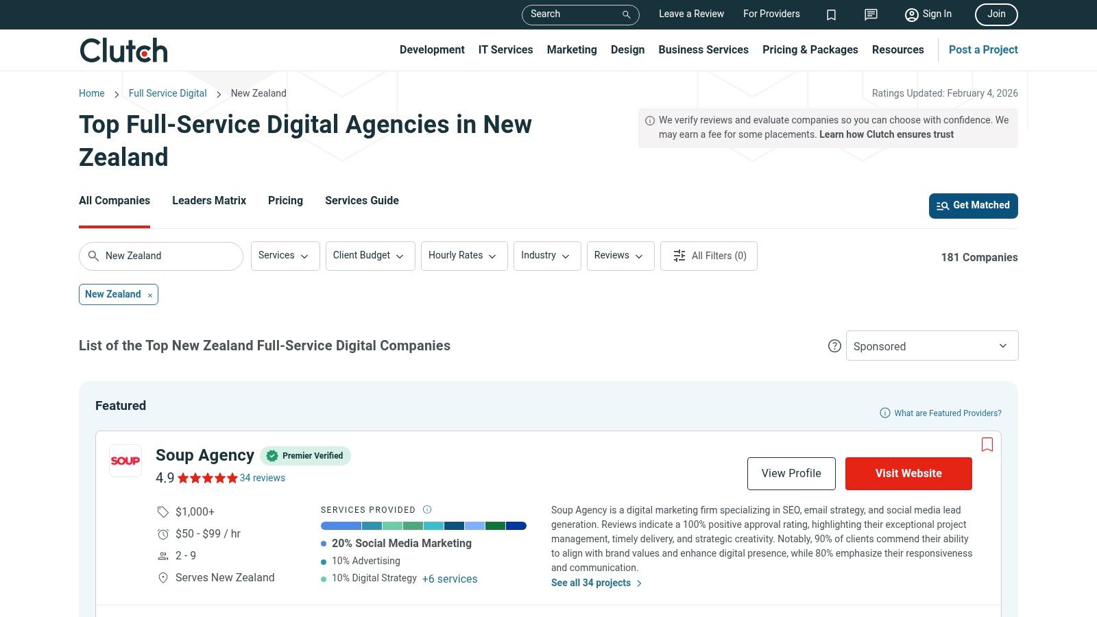 Clutch allows businesses to filter and compare digital marketing companies in NZ based on verified reviews and project details.
