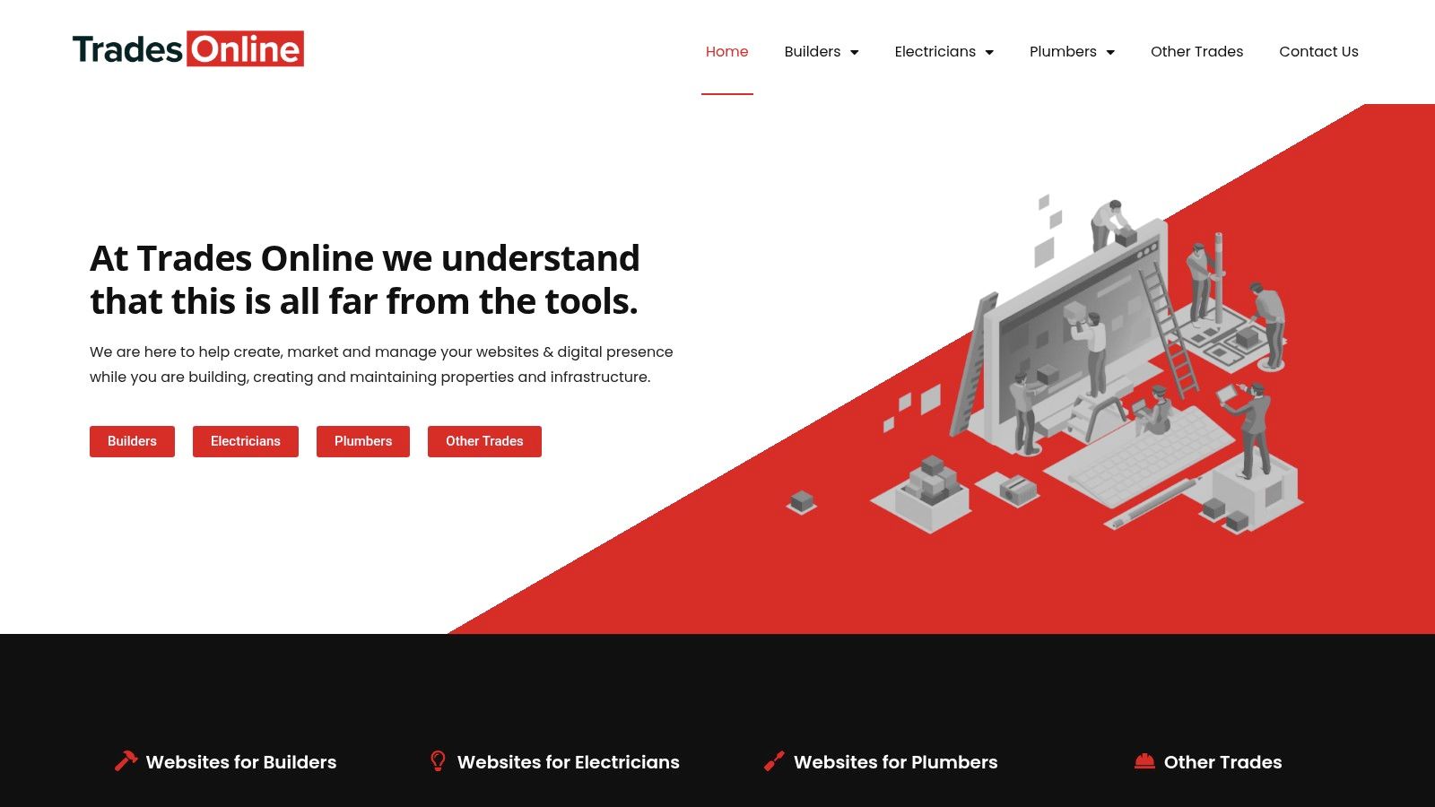 Trades Online website homepage showcasing a builder on a construction site.