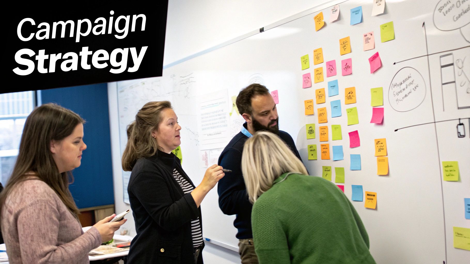 A detailed infographic illustrating the key components of a marketing campaign project description, including objectives, target audience, channels, and KPIs.