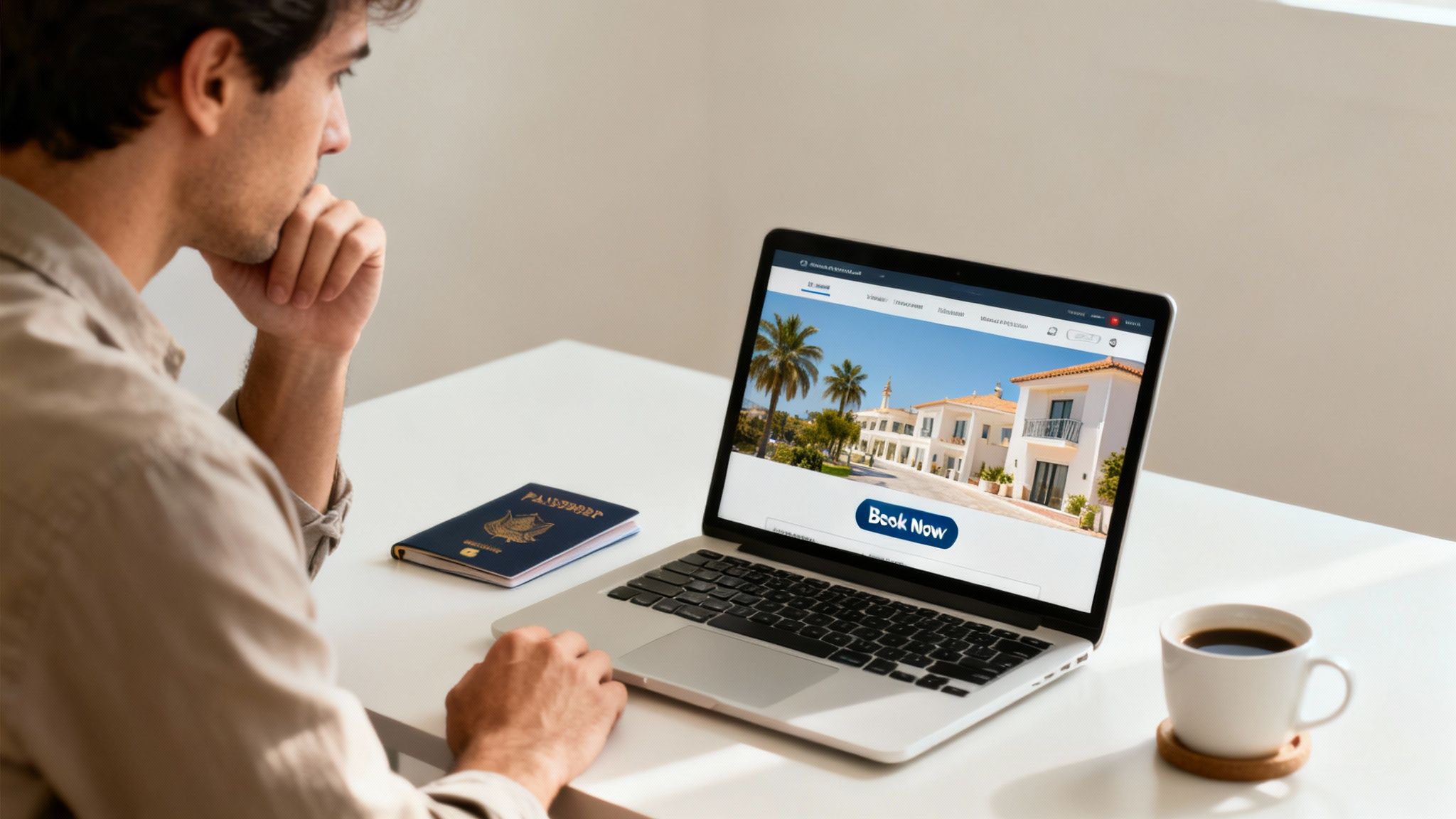 Man planning a trip online, looking at hotel bookings on a laptop with a passport and coffee nearby.