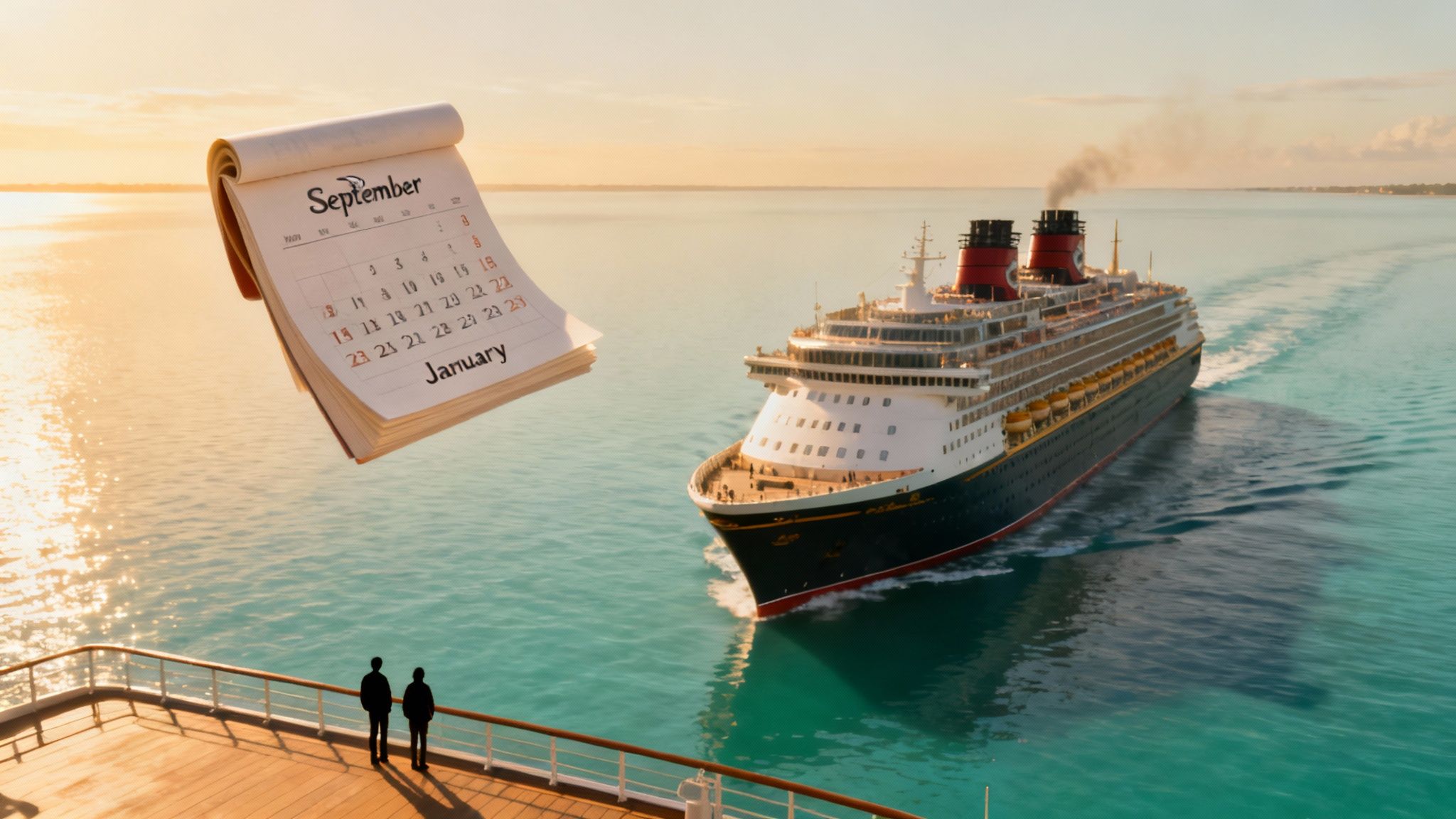 A calendar showing September and January floats above a cruise ship on a calm ocean at sunset, with two people on the deck.