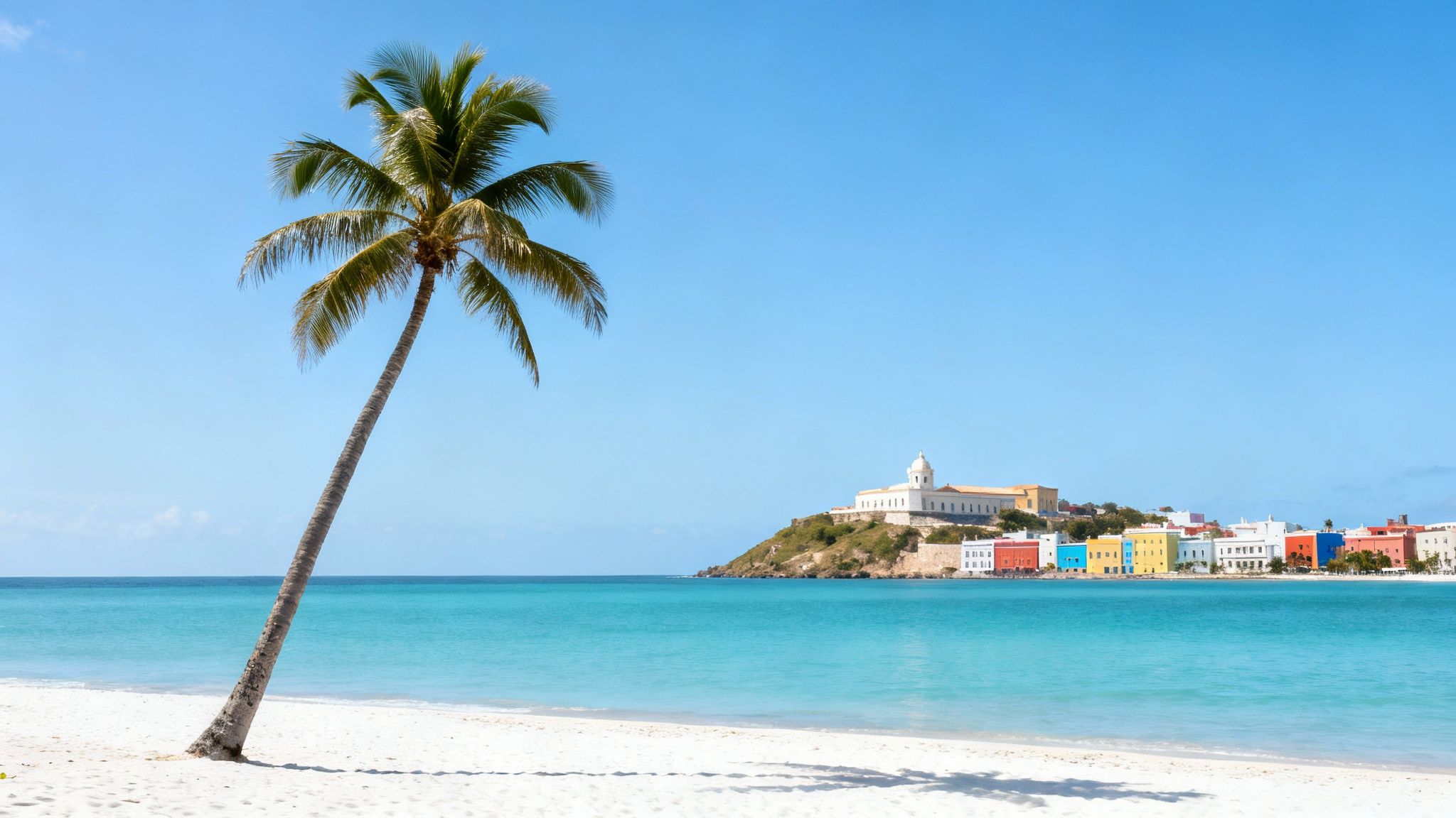 A tropical beach with a leaning palm tree, turquoise water, and a colorful town with a white building on a hill.