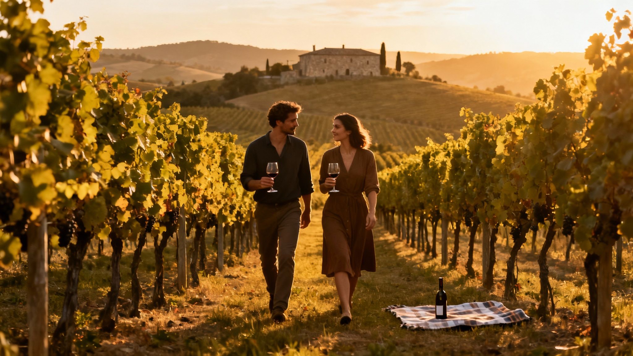 A romantic couple walks through a sun-drenched vineyard with wine glasses, a farmhouse in the distance.