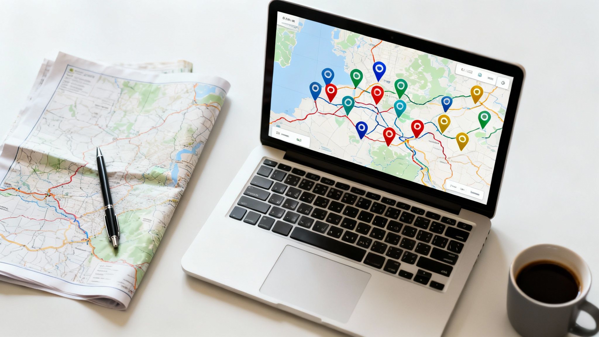 Laptop displaying a digital map with colorful pins, alongside a physical map, pen, and coffee cup.