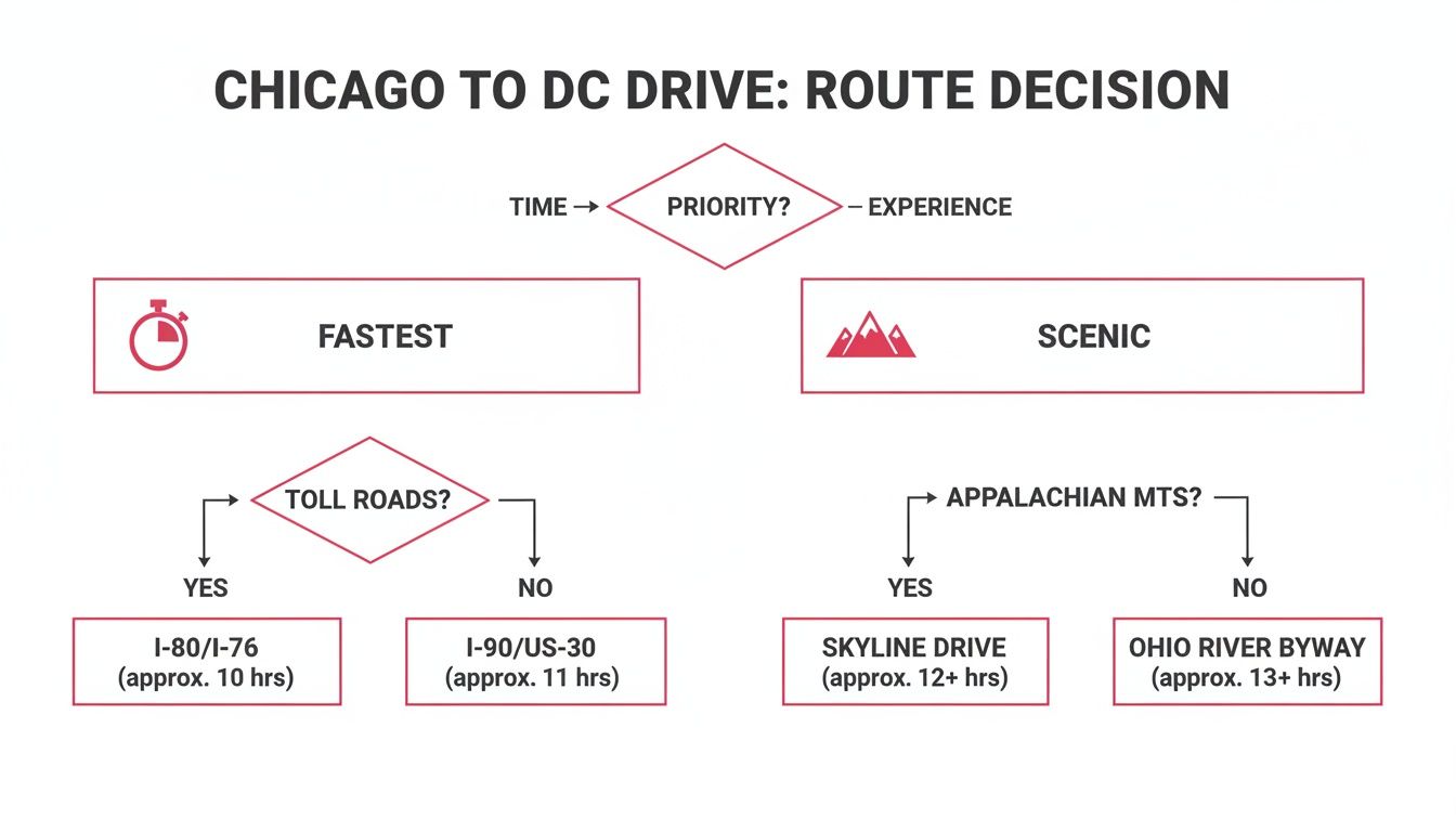 A flowchart outlining route decisions for a Chicago to DC drive, prioritizing fastest or scenic options.